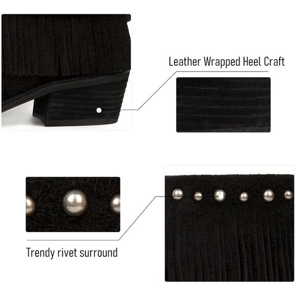 ⚡Women's Black Suede Pointed Toe Elastic Short Boot Block Chunky Heel Ankle Boot - Picture 4 of 6